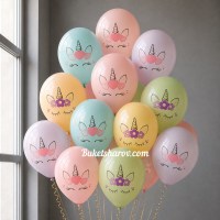 Пастельные шары с мордочкой единорога закрытыми глазами цветочным венком и сердечками – купить в Букет шаров Измайлово.