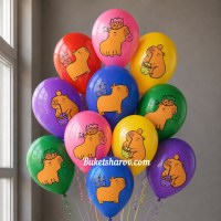 Воздушные шары с изображениями капибар с тортами пончиками и подарками в ярких цветах.